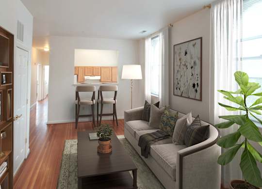 A living room with a couch, coffee table, and potted plant.