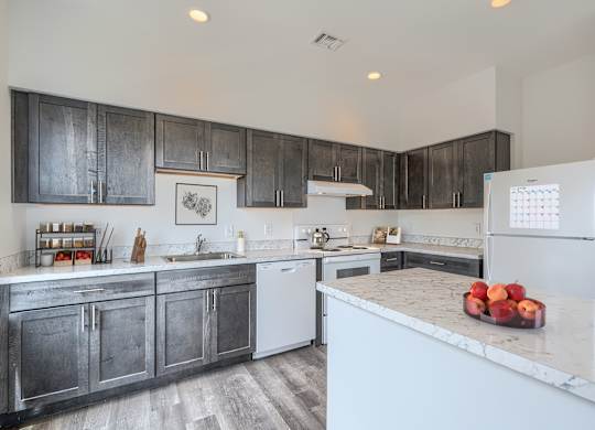 A kitchen with a white fridge and a marble counter top.