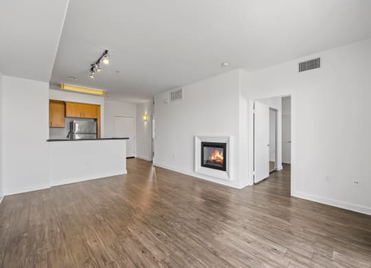 a living room with a fireplace and a kitchen