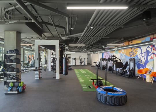 Woodland Hills, CA Apartments - The Q Variel - 7,000 Sq. Ft. State-Of-The-Art Wellness Center with Many Cardio and Strength Training Machines and Equipment, Functional Training Spaces, and Floor-to-Ceiling Windows