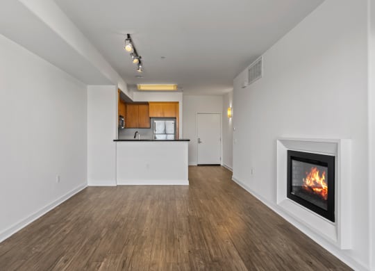 a living room with a fireplace and a kitchen