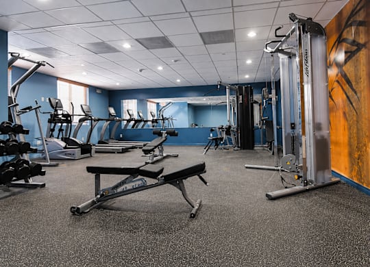 A gym with a variety of equipment including treadmills, weights, and exercise machines.