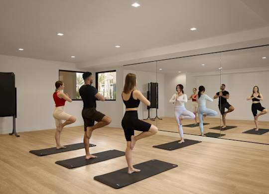 A group of people practicing yoga in a studio.