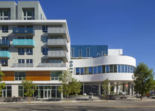 Woodland Hills Apartments- The Q Variel - Side View of the Building Exterior with White, Blue, and Grey Walls, Private Balconies, Trees, and Modern Designs