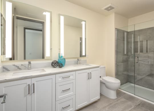 a bathroom with white cabinets and a shower and a toilet