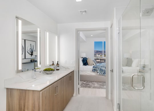 Renovated Bathrooms With Quartz Counters at The Q Topanga, Woodland Hills