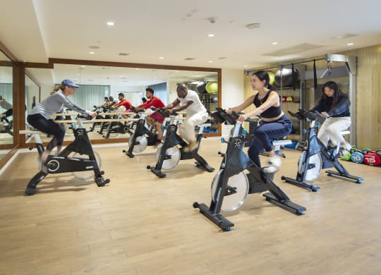 a group of people riding exercise bikes in a gym