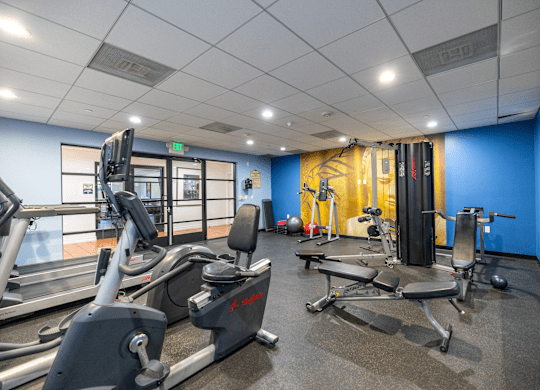 A gym with a variety of equipment including treadmills, weights, and exercise machines.