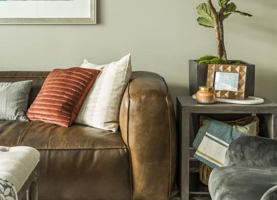 a living room with a brown leather couch and a potted plant