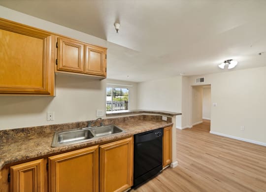 a kitchen and living area
