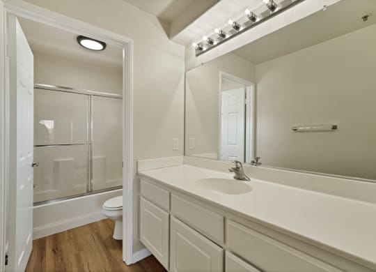 a bathroom with a large mirror and a toilet at Toscana Apartments, Van Nuys, 91406