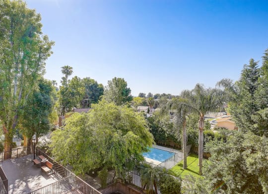 a view of the backyard with a pool and trees