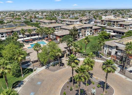 View of a residential area with a swimming pool and palm trees.