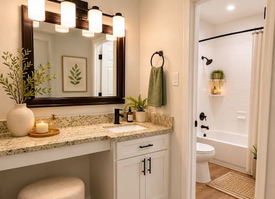 A bathroom with a large mirror and a white vanity.
