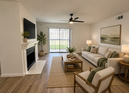 A living room with a fireplace, a couch, a chair, and a ceiling fan.