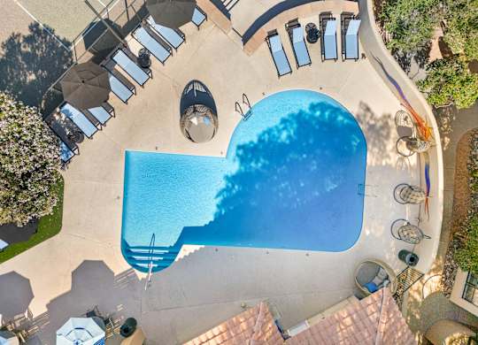An aerial view of a swimming pool surrounded by lounge chairs and umbrellas.