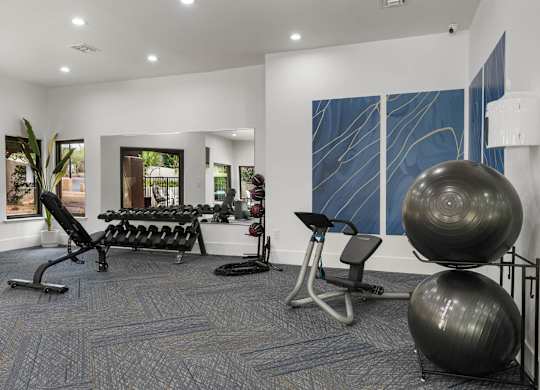 A gym with a variety of equipment including a rowing machine, a bench press, and a stability ball.