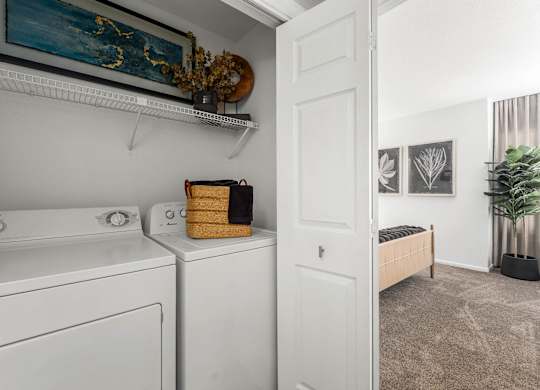 A laundry room with a washer and dryer, a shelf with a plant and a painting, and a doorway leading to another room.