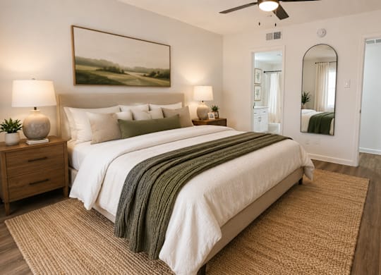 A bedroom with a large bed and a painting on the wall.