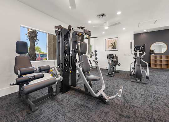 A gym with a variety of equipment including a leg press machine, a chest press machine, a leg curl machine, a leg extension machine, a seated calf raise machine, a seated leg raise machine, a seated leg curl