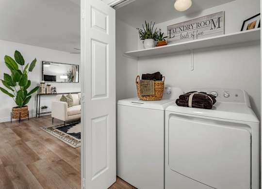 A laundry room with a washer and dryer and a mirror.
