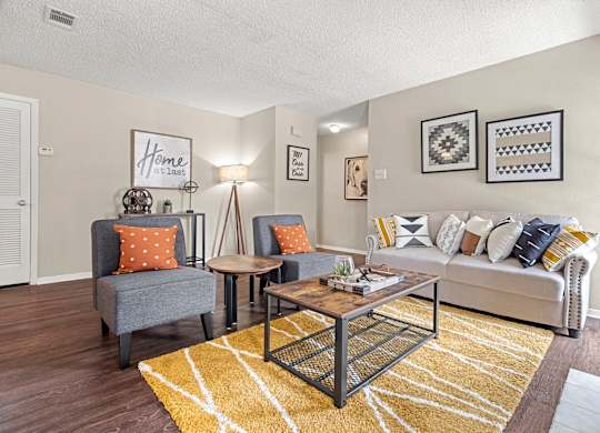 A living room with a grey couch, a coffee table, and a rug.