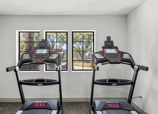 Two treadmills are in a room with windows.
