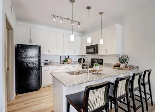 A kitchen with a black fridge, white cabinets, and a marble countertop.