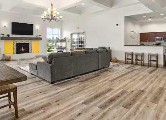 A living room with a grey couch and a fireplace.