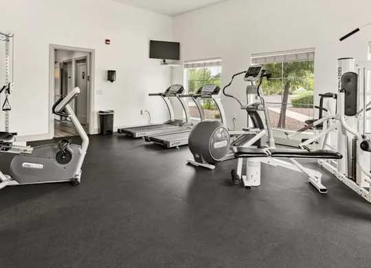 A spacious gym with treadmills, elliptical machines, and a fan.