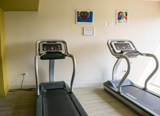 a room with two treadmills and two paintings on the wall