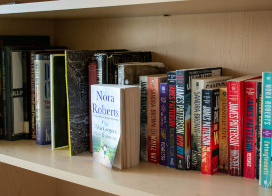 a selection of books on a bookshelf