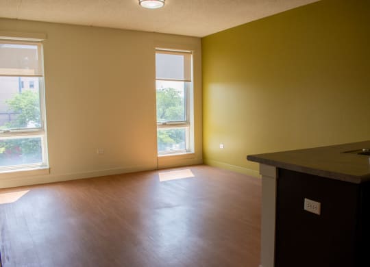 an empty living room with a sink and window
