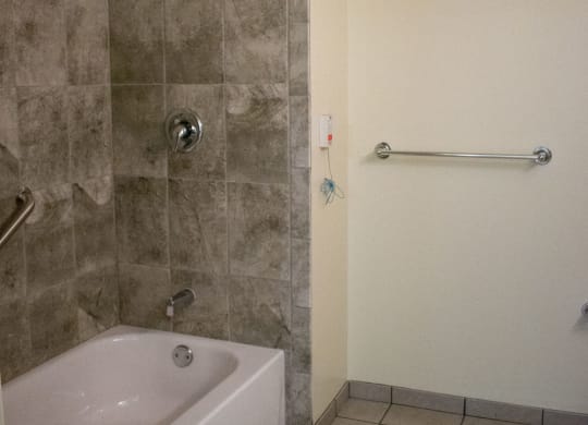 a bathtub and shower in a hotel room