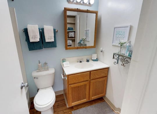 a bathroom with a sink toilet and a mirror  at Hunter's Creek Apartments, Cincinnati, 45242