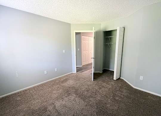 A room with a carpeted floor and a doorway leading to another room.