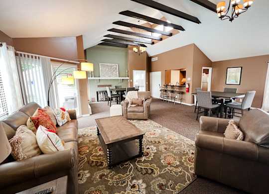 A living room with brown leather furniture and a patterned rug.