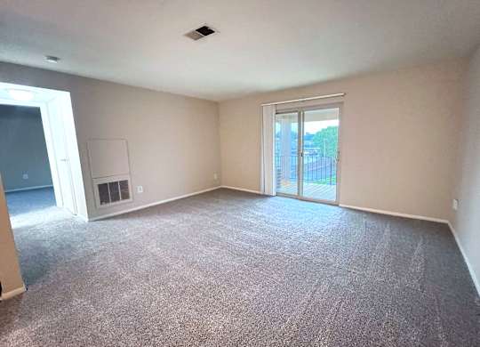 A room with a grey carpet and a sliding glass door.