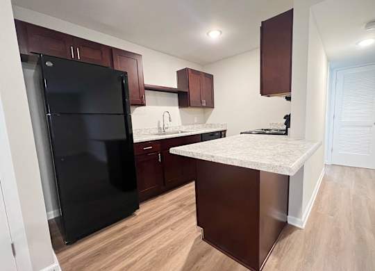 A kitchen with a black fridge and brown cabinets.