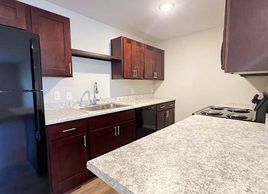 A kitchen with a black refrigerator and brown cabinets.