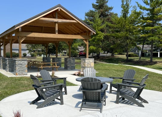 a patio with tables and chairs in front of a pavilion at Deercross Apartments, Ohio, 45236