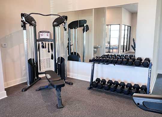 Gym with Dumbbells at Hebron Station Apartments, Hebron, Kentucky