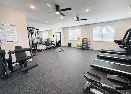 A gym with treadmills, weights, and exercise equipment.