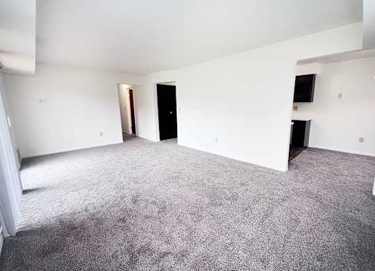 A large, empty room with carpeted flooring and white walls.