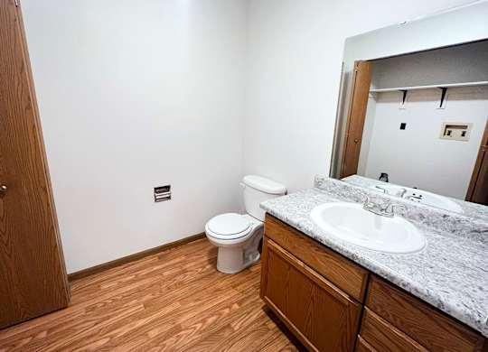 A bathroom with a toilet, sink, and mirror.