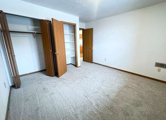 A room with a carpeted floor and two open wooden doors.