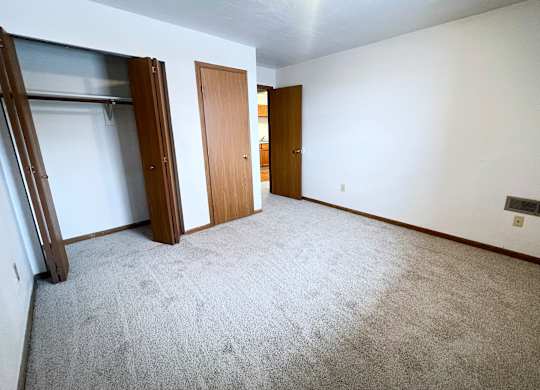 A room with a carpeted floor and two wooden doors.