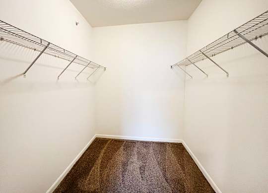 a room with two hanging racks on the wall and a carpeted floor