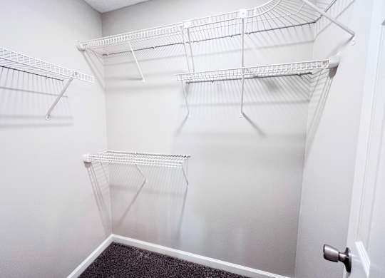 A white walk in closet with shelves and a black carpet.