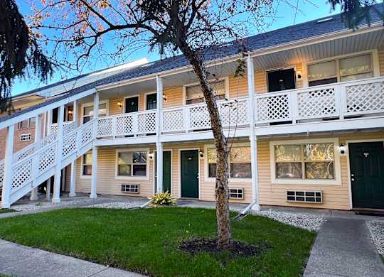 A tree is in front of a building with a white balcony.
